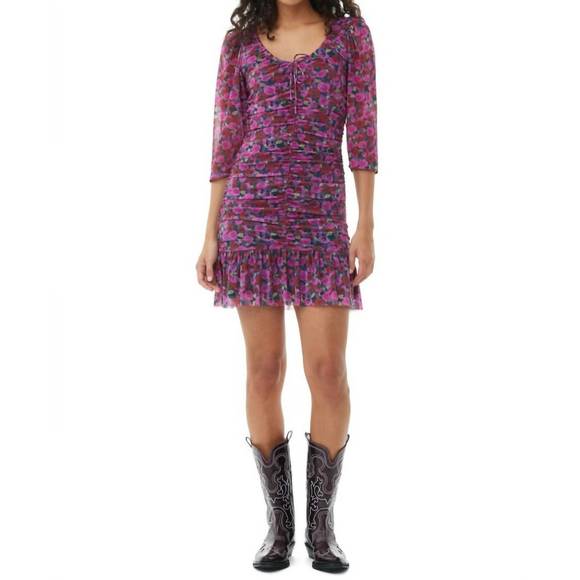 GANNI Dresses & Skirts - NEW GANNI floral mesh flounce ruched mini dress in fiji flower